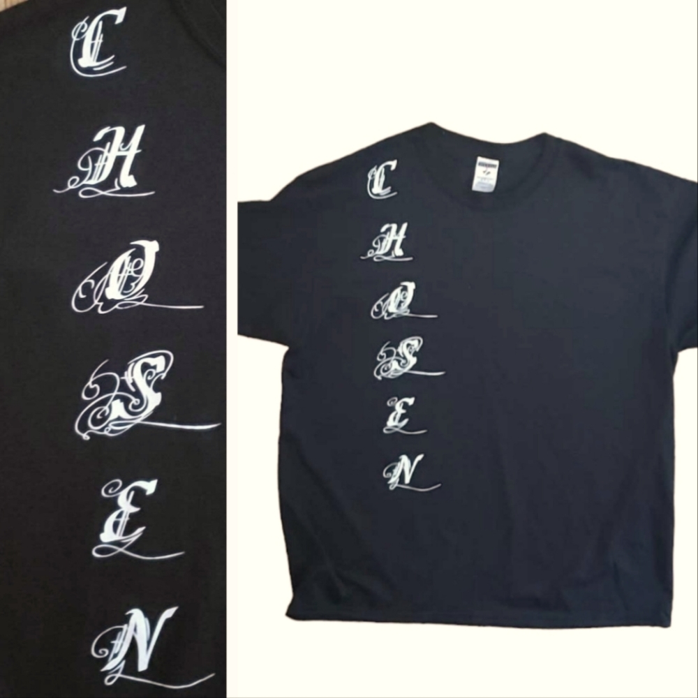 JERZEES Black Mens Short Sleeve TeeShirt White Letters Chosen XL